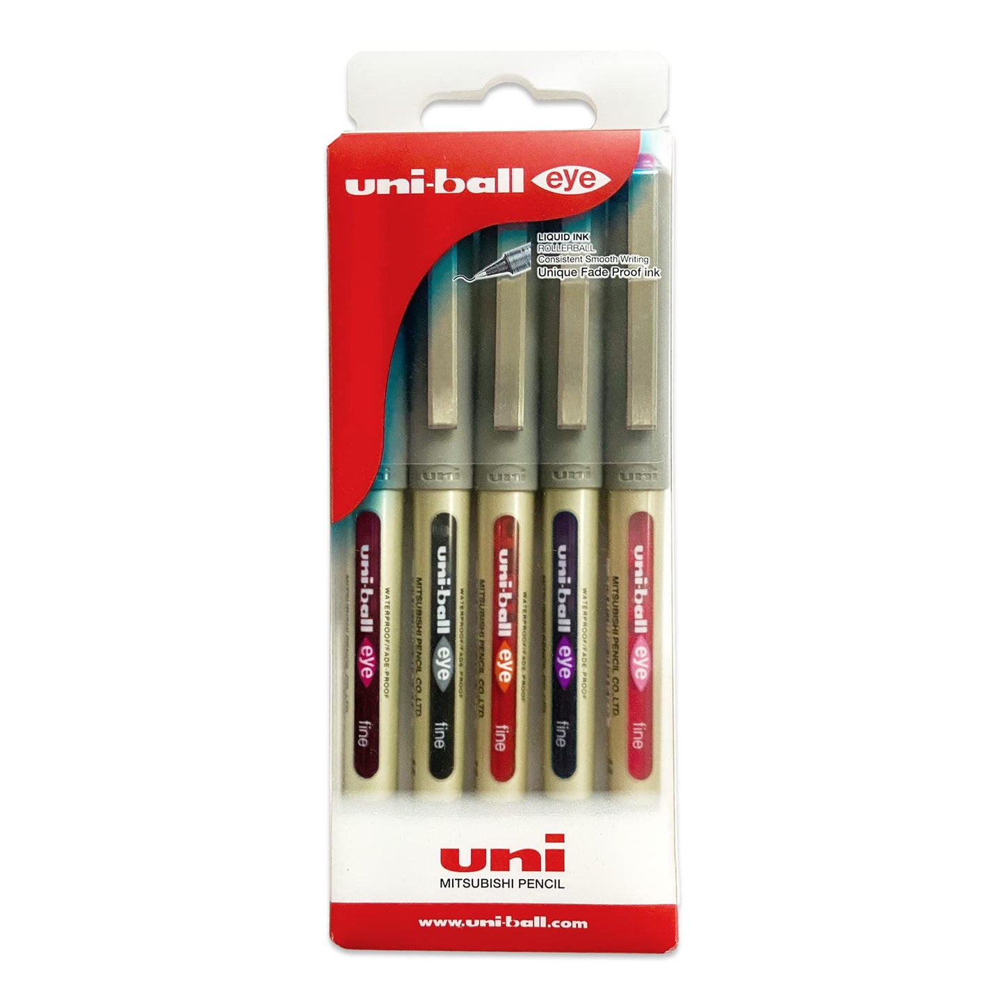 uni-ball Eye UB157 0.7mm Roller Ball Pen, Blue, Black, Red, Green & Pink Ink, Pack of 5