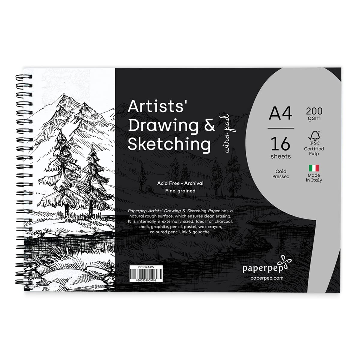 PaperPep Artists' Sketching & Drawing Wiro Pads 200GSM A4 Pack of 16 Sheets