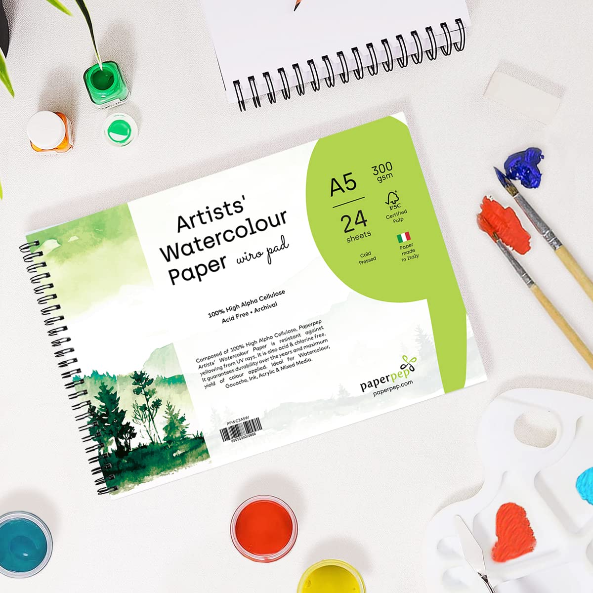 PaperPep Artists' Watercolour Wiro Pads 300GSM Cold Pressed A5 24 Sheets