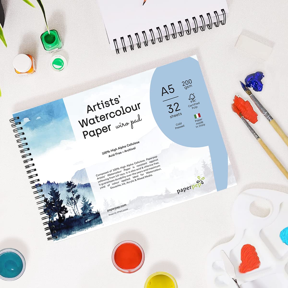 PaperPep Artists' Watercolour Wiro Pads 200GSM Cold Pressed A5 32 Sheets