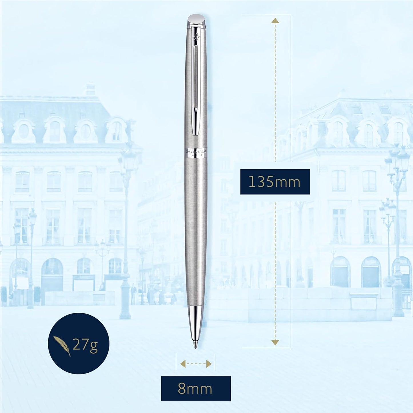 Waterman Hemisphere Ballpoint Pen, Medium Point, Stainless Steel with Chrome Trim, Blue Ink, Pack Of 1