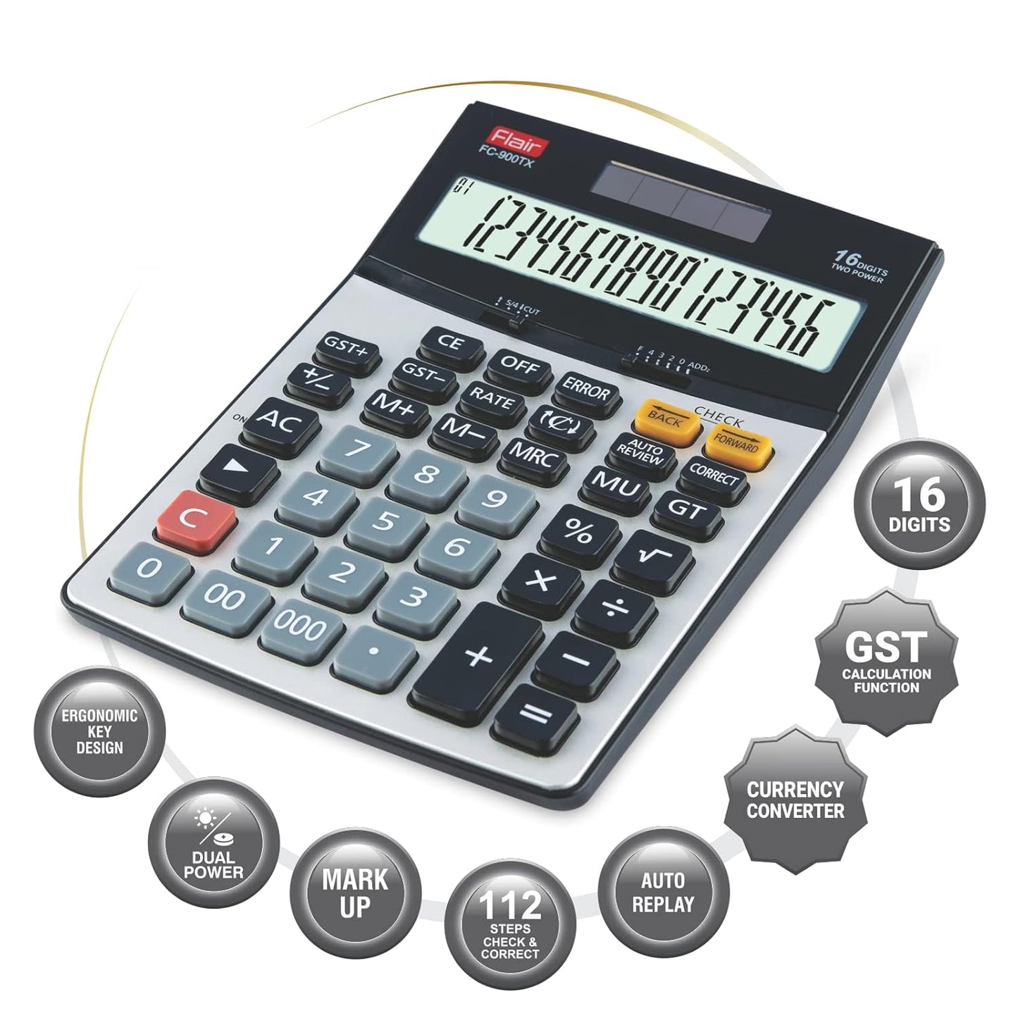 Flair FC-900 TX Desktop Series GST Calculator, Black & Grey, Pack of 1