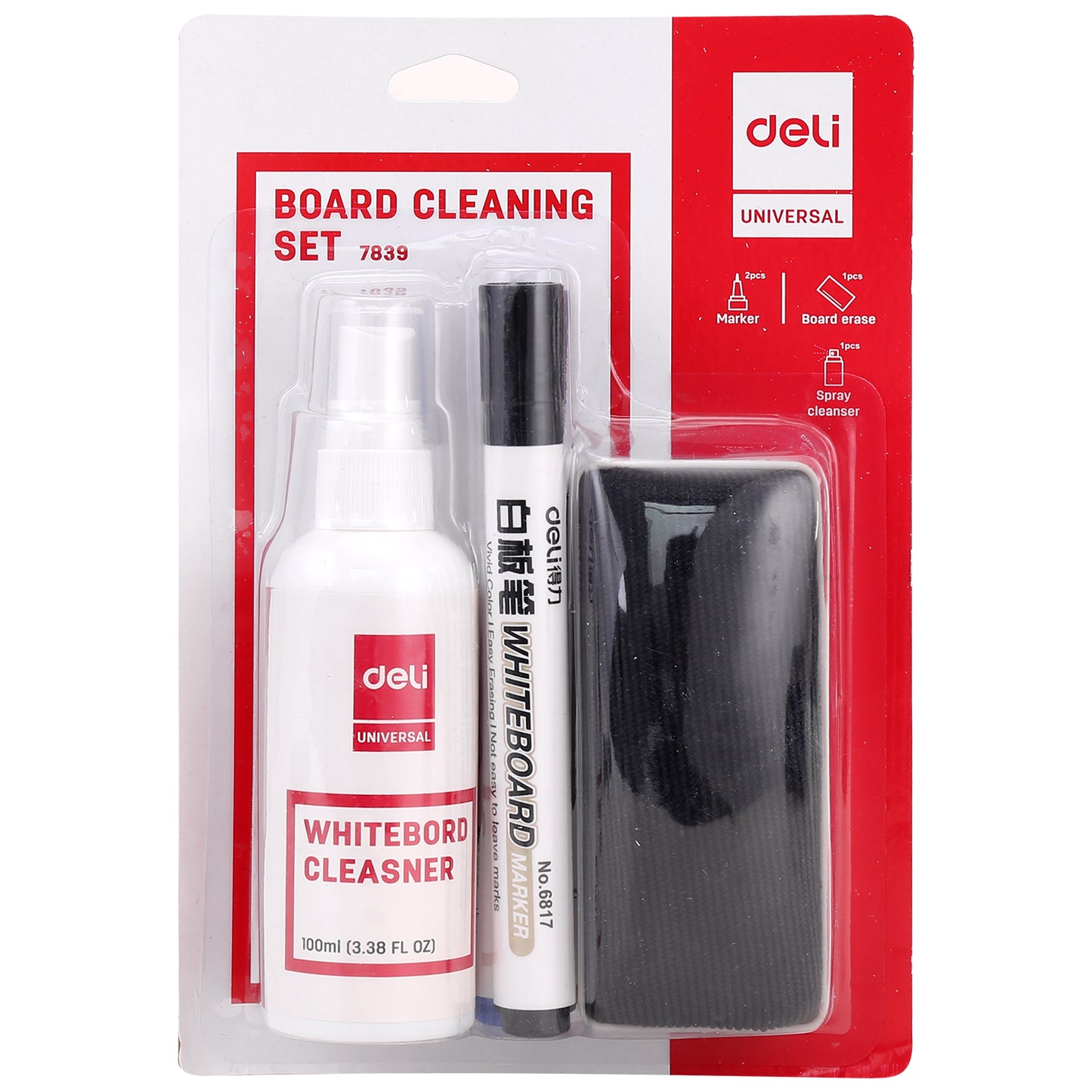 Deli W7839 Universal Series Whiteboard Cleaning Kit (Cleanser + Marker + Eraser/Duster)
