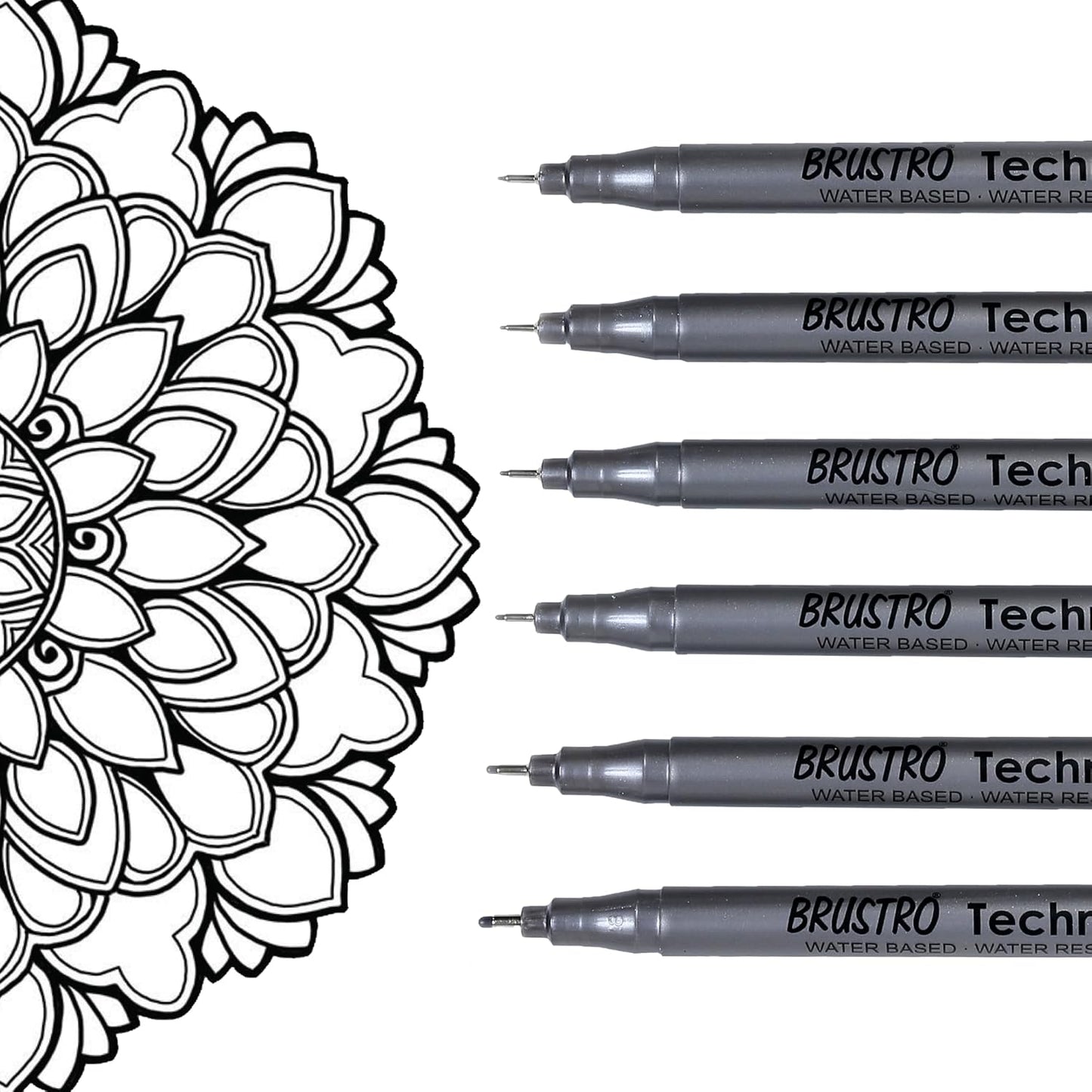 BRUSTRO Technical Pen Black Assorted, Set of 6
