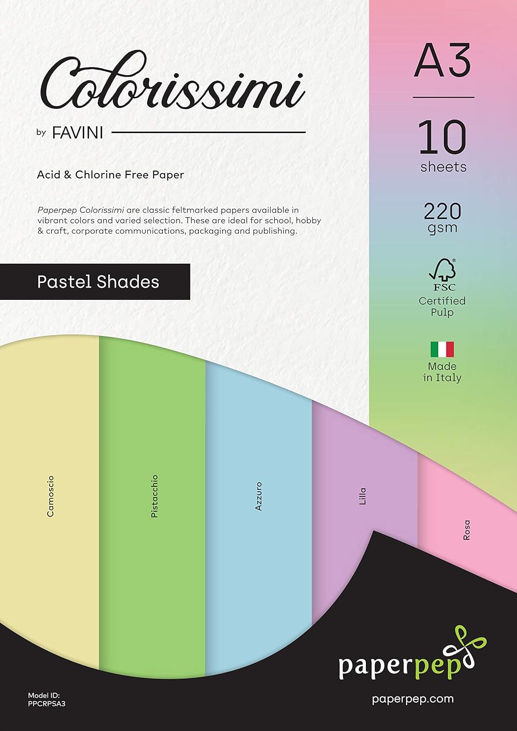 PaperPep Colorissimi 220GSM Card Stock A3 Pastel Shades Assorted 10 Sheets