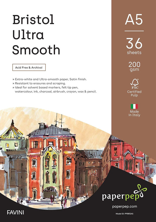 PaperPep Artists' Bristol Ultra Smooth Paper 200GSM A5 Pack of 48 Sheets