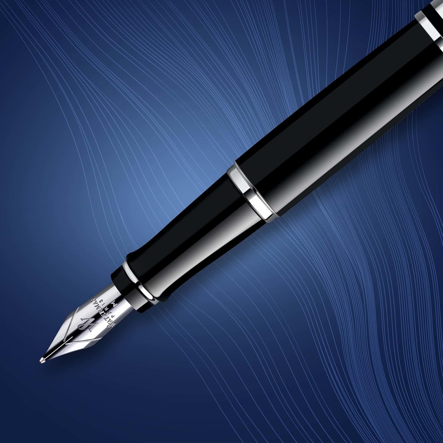 Waterman Hemisphere Matt Black Chrome Trim  Fountain Pen, Medium Nib, Blue Ink, Pack Of 1