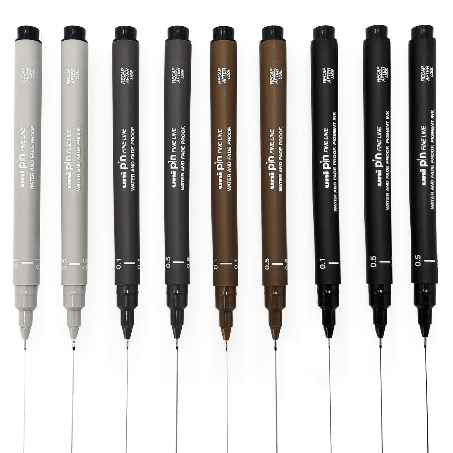 Uni-ball Pin Fineliner Drawing Pen, Sketching Set, Black, Dark Grey, Light Grey & Sepia - 0.1/0.5mm (Set of 9)