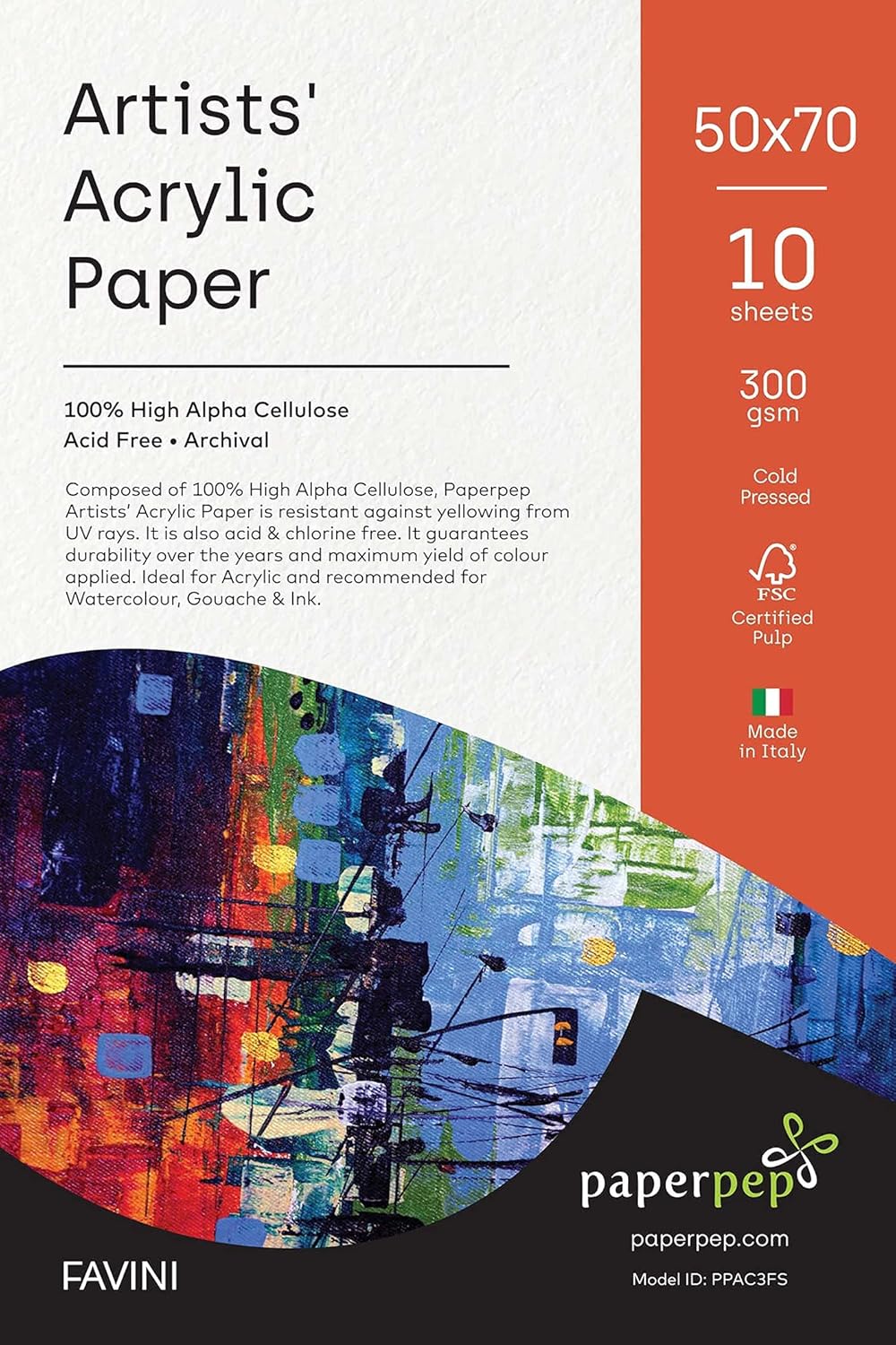 PaperPep Artists' Acrylic Paint Paper 300GSM Cold Pressed 50X70CM Pack of 10