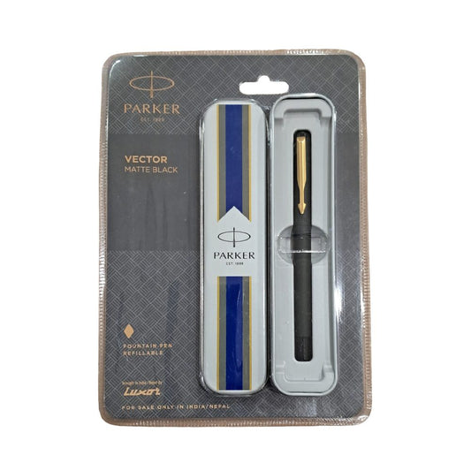 Parker Functional Vector Matte Black Gold Trim Fountain Pen, Blue Ink, Pack Of 1