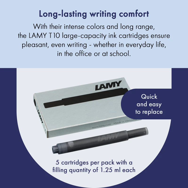 LAMY T10 Fountain Pen Ink Cartridges, Black Ink, Pack Of 5 Cartridges