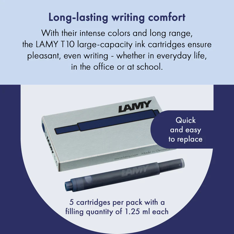 LAMY T10 Fountain Pen Ink Cartridges, Blue-Black Ink, Pack Of 5 Cartridges
