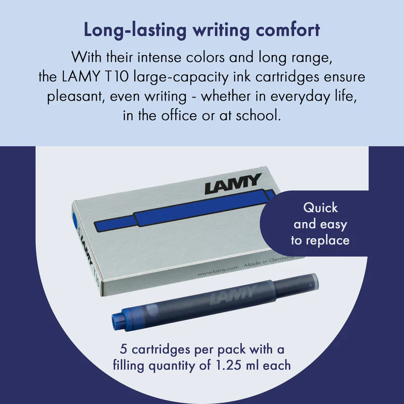 LAMY T10 Fountain Pen Ink Cartridges, Blue Ink, Pack Of 5 Cartridges