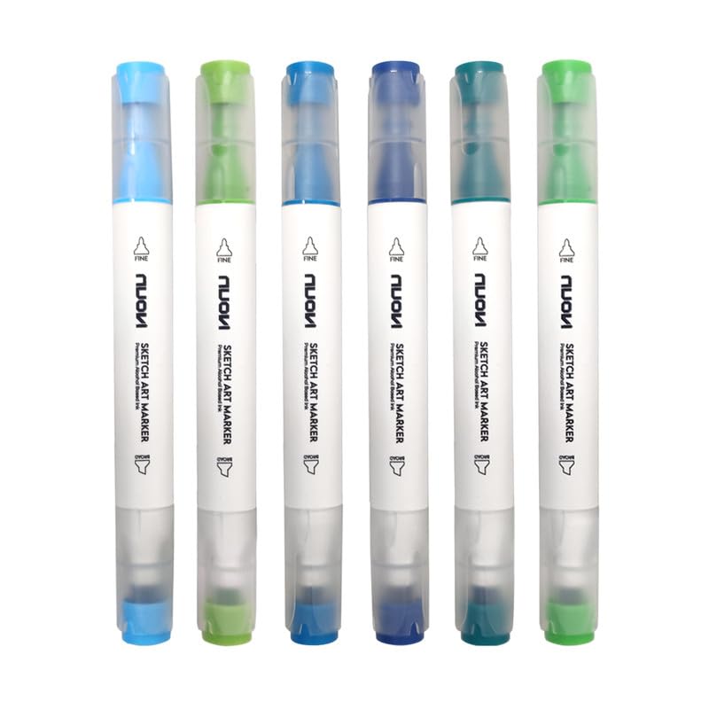 NUOVI Dual-Tip Alcohol Based Sketch Art Markers (Serene Hue, 6 Shades)