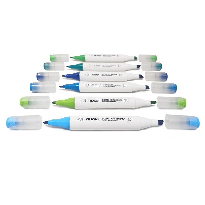 NUOVI Dual-Tip Alcohol Based Sketch Art Markers (Serene Hue, 6 Shades)