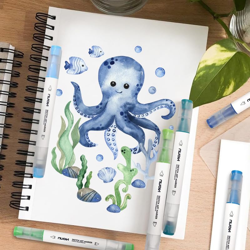 NUOVI Dual-Tip Alcohol Based Sketch Art Markers (Serene Hue, 6 Shades)