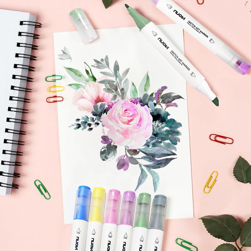 NUOVI Dual-Tip Alcohol Based Sketch Art Markers (Soft Hue, 6 Shades)
