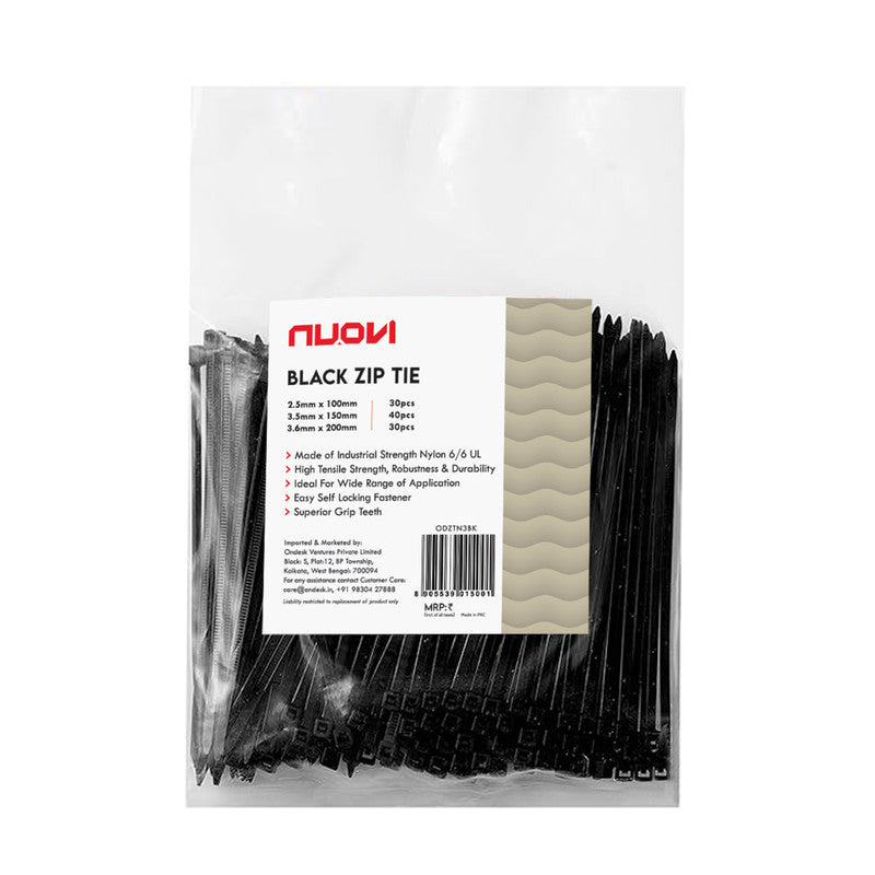 NUOVI Black Zip Ties Assorted (Set of 100)