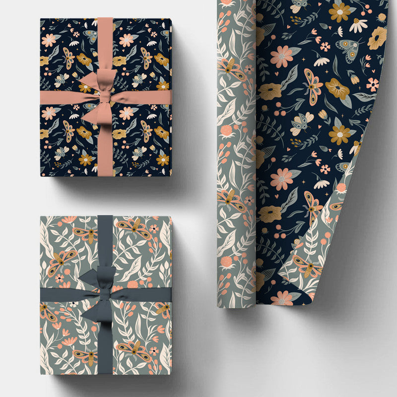 PaperPep Blue & Grey Floral & Moth Double Sides Print Gift Wrapping Paper 19"X29" Pack of 10 Sheets