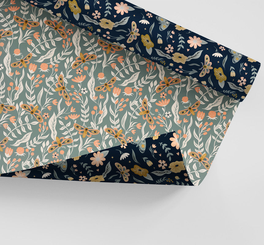 PaperPep Blue & Grey Floral & Moth Double Sides Print Gift Wrapping Paper 19"X29" Pack of 10 Sheets
