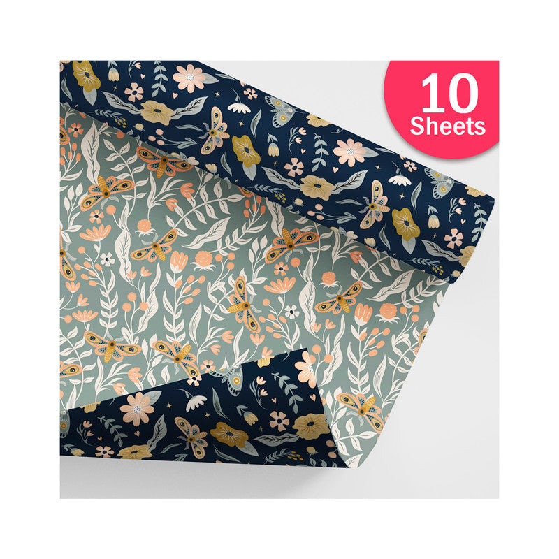PaperPep Blue & Grey Floral & Moth Double Sides Print Gift Wrapping Paper 19"X29" Pack of 10 Sheets