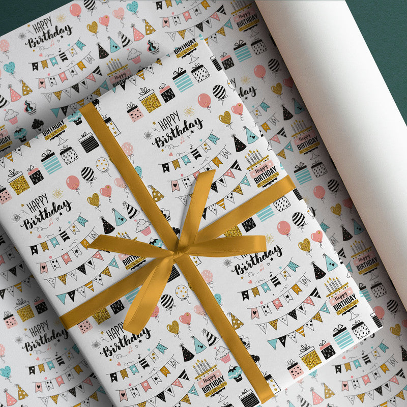 PaperPep White Birthday Print Gift Wrapping Paper 19"X29" Pack of 10 Sheets