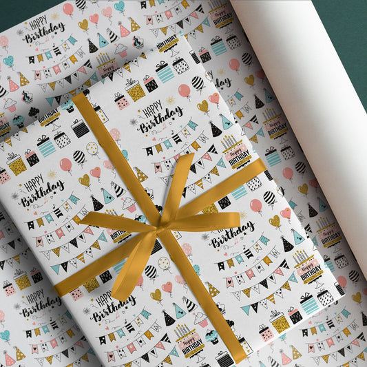 PaperPep White Birthday Print Gift Wrapping Paper 19"X29" Pack of 10 Sheets