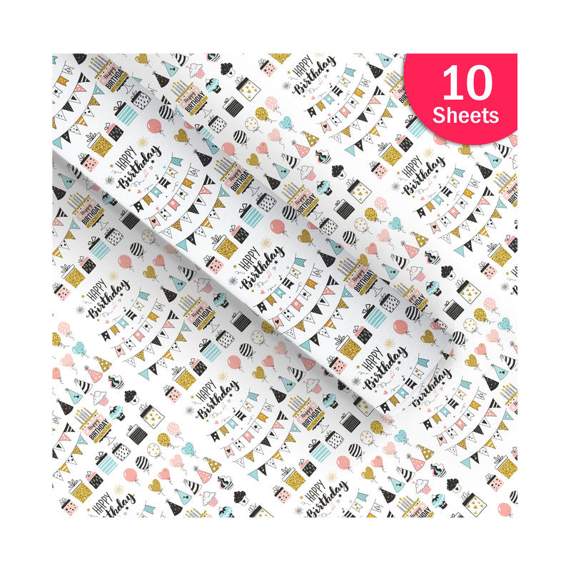 PaperPep White Birthday Print Gift Wrapping Paper 19"X29" Pack of 10 Sheets