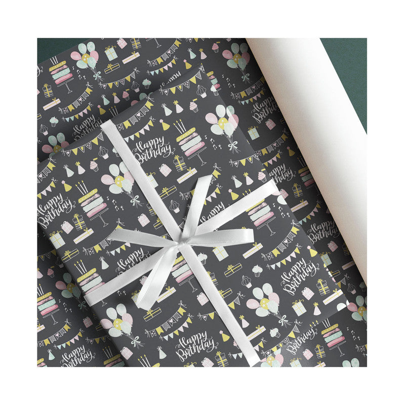 PaperPep Black Birthday Print Gift Wrapping Paper 19"X29" Pack of 10 Sheets