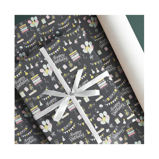 PaperPep Black Birthday Print Gift Wrapping Paper 19"X29" Pack of 10 Sheets