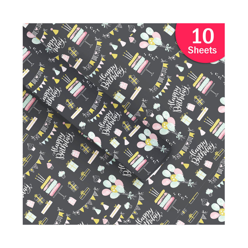 PaperPep Black Birthday Print Gift Wrapping Paper 19"X29" Pack of 10 Sheets