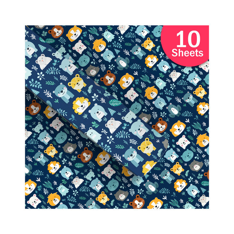 PaperPep Blue Cute Cartoon Animal Print Gift Wrapping Paper 19"X29" Pack of 10 Sheets
