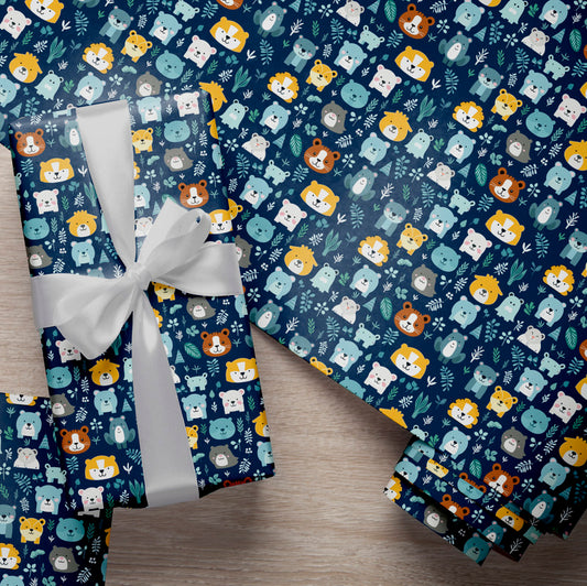 PaperPep Blue Cute Cartoon Animal Print Gift Wrapping Paper 19"X29" Pack of 10 Sheets