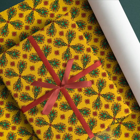 PaperPep Yellow Traditional Festive Mandala Print Gift Wrapping Paper 19"X29" Pack of 10 Sheet