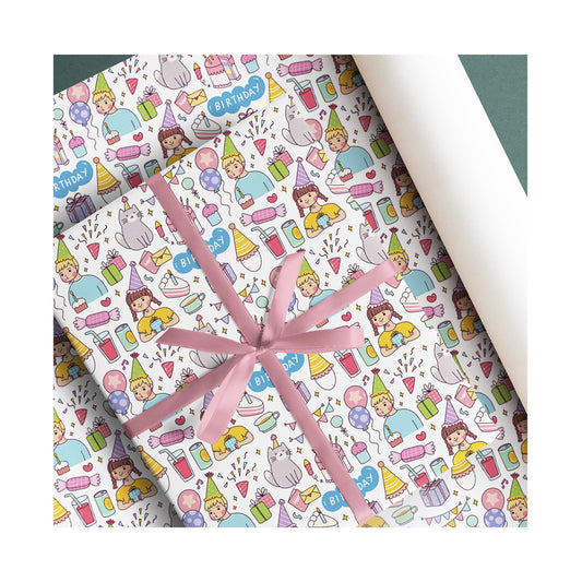 PaperPep White Birthday Doodle Print Gift Wrapping Paper 19"X29" Pack of 10 Sheets