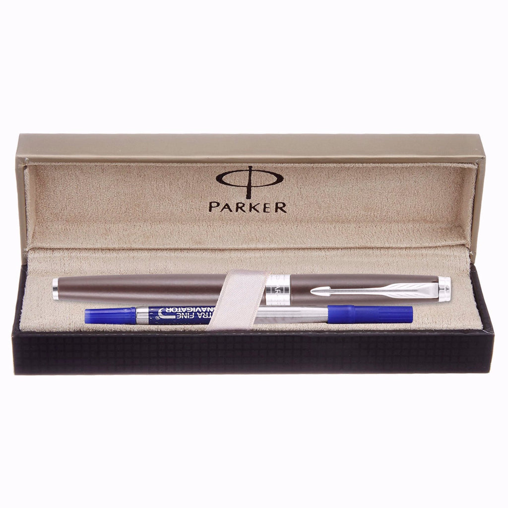 Parker Premium Aster Matte Brown Chrome Trim Roller Ball Pen, Blue Ink, Pack Of 1