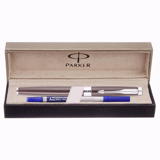 Parker Premium Aster Matte Brown Chrome Trim Roller Ball Pen, Blue Ink, Pack Of 1