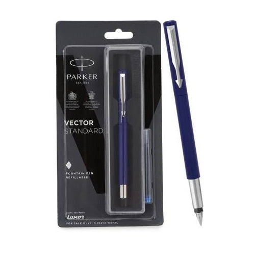 Parker Functional Vector Standard Fountain Pen Fine Tip With 1 Ink Cartridge, Blue Body Color, Blue Ink, Pack Of 1