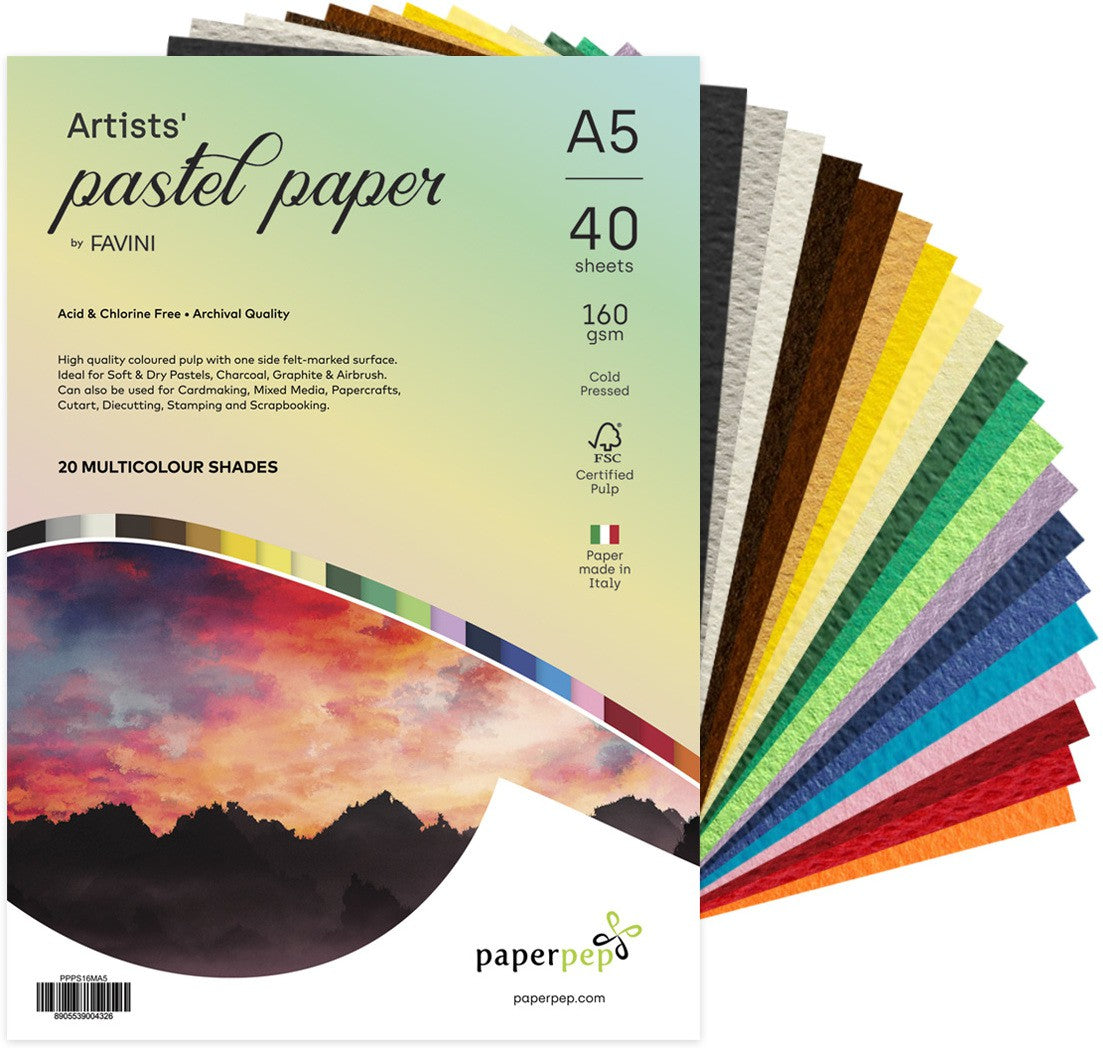 PaperPep Artists' Pastel Papers 160GSM A5 Multicolor Shades Assorted Pack of 40 Sheets
