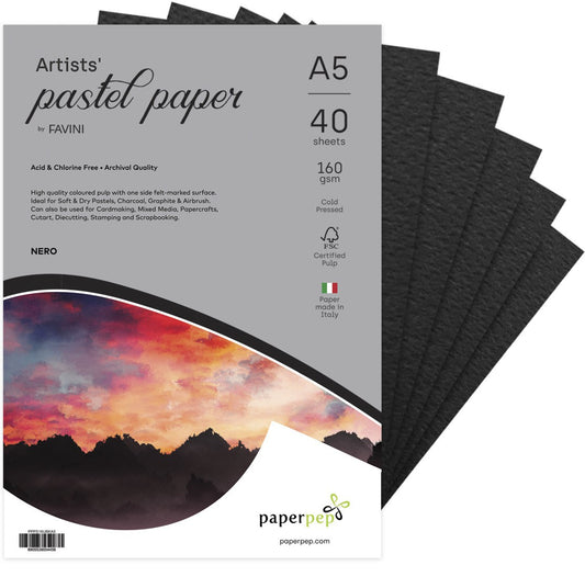 PaperPep Artists' Pastel Papers 160GSM A5 Nero (Black) Unicolor Pack of 40 Sheets