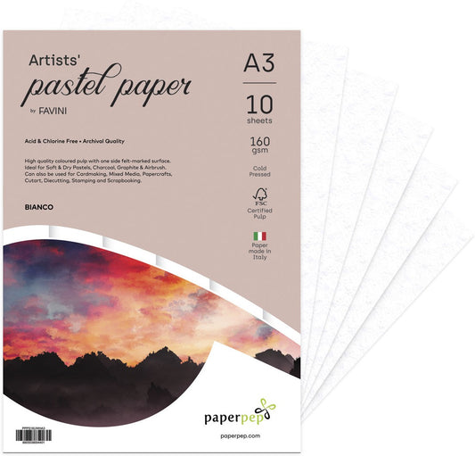 PaperPep Artists' Pastel Papers 160GSM A3 Bianco (White) Unicolor Pack of 10 Sheets
