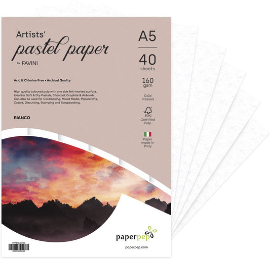 PaperPep Artists' Pastel Papers 160GSM A5 Bianco (White) Unicolor Pack of 40 Sheets