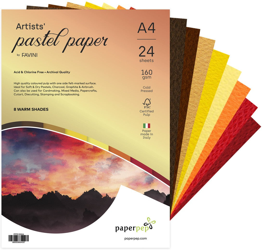 PaperPep Artists' Pastel Papers 160GSM A4 Warm Shades Assorted Pack of 24 Sheets