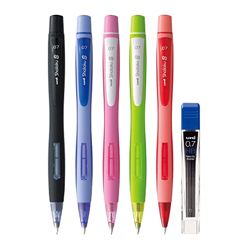 Uni-ball Shalaku M7-228 Mechanical Pencil (0.7mm, Black, Blue,Light Green, Pink & Red Body), Pack of 5 with 0.7mm HB Lead (1 tube, 12 pcs)