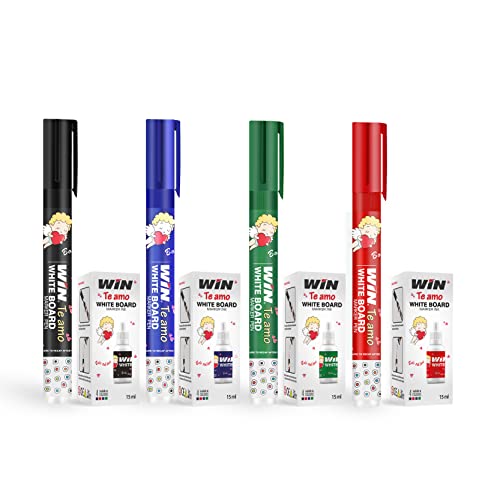 WIN Te Amo White Board Markers 4Pcs (1 Blue, 1 Black, 1 Red, 1 Green) with 4 Ink Bottles