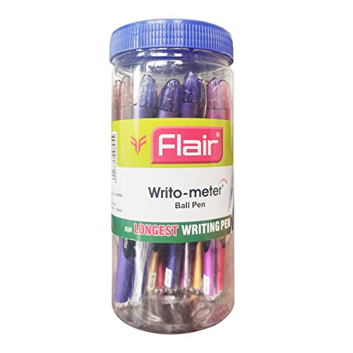 FLAIR Writometer Ball Pen Jar Pack | Stainless Steel Tip | Our Longest Writing Pens | Writes Upto 1,200 Meters | Ensures Smoothness & Durability | Blue & Black Ink, Set Of 20 Pens
