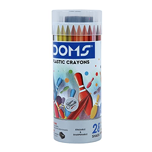 Doms 28 Shades Erasable Plastic Crayons Round Tin Box | Smooth & Even Shading | Bright & Playful Colors | Free Sharpner Inside | Non-Toxic & Safe For Childrens | Pack of 1