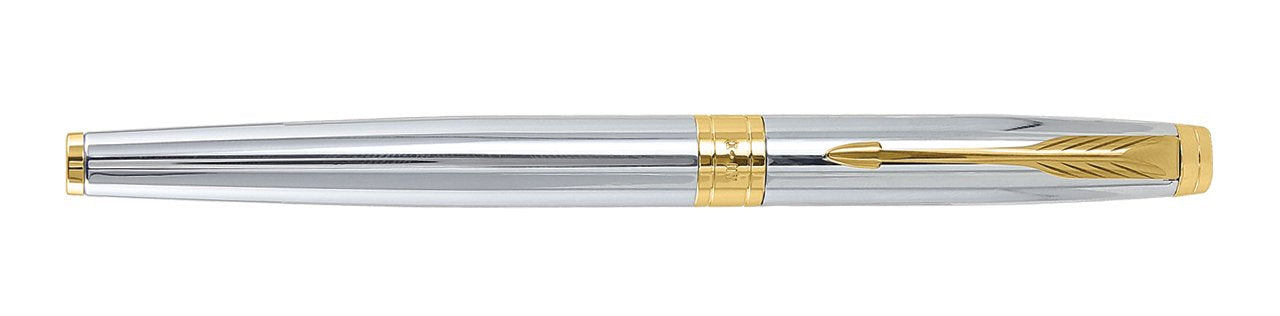 Parker Aster Shiny Chrome Gold Trim Roller Ball Pen | Body Color - Shiny chrome | Ink Color - Blue