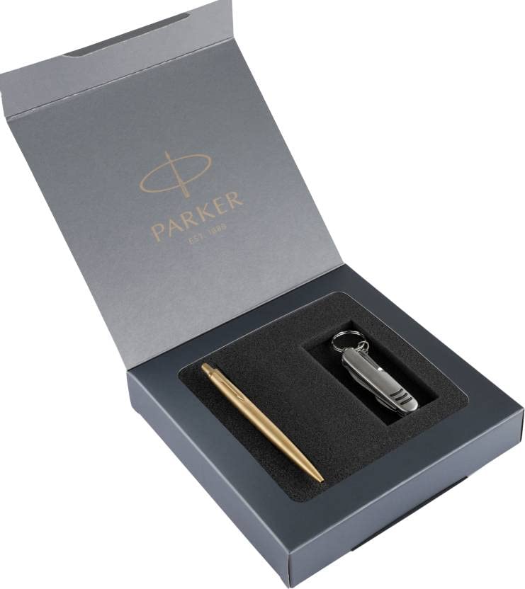 Parker Jotter Gold Ball Pen with Multi-Utility Knife Keychain Pen Gift Set - Blue Ink, Pack Of 1