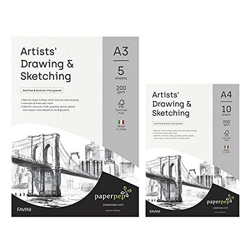 PaperPep Artists' Sketching & Drawing Paper 200GSM A3 (Pack of 5) + A4 (Pack of 10) for Sketching & Drawing with Pencil, Charcoal, Graphite, redchalk Pastel, Chalk for Artists' & Amateurs